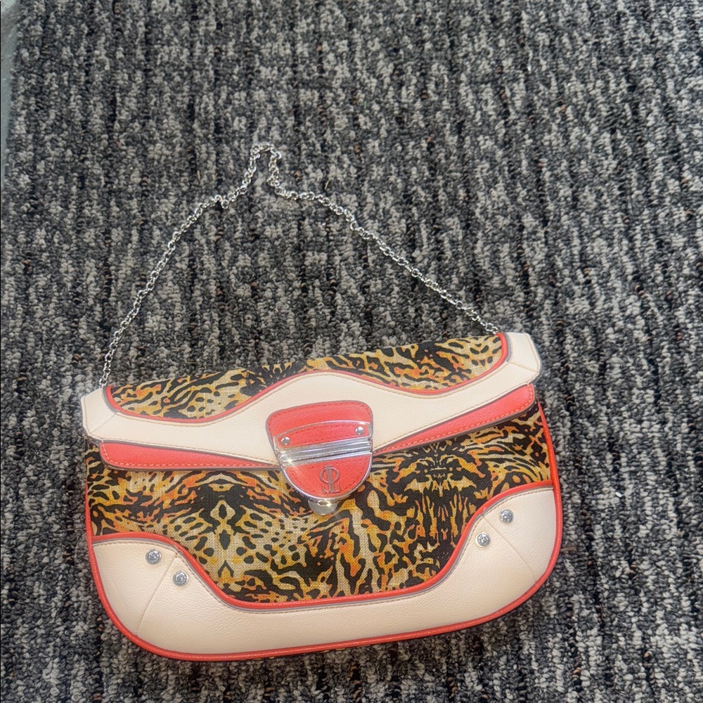Beige and Leopard Print Shoulder Bag with Coral Trim